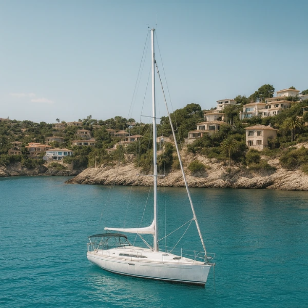 Segelschiff vor Anke in einer Bucht vor Mallorca an der Costa de la Calma