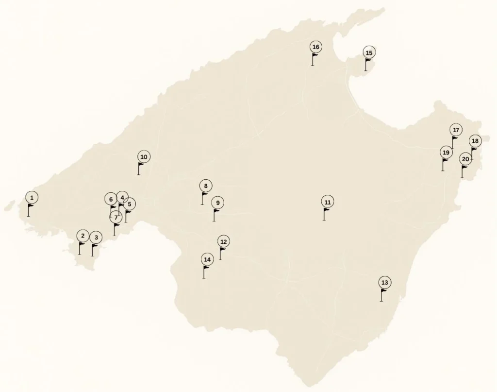 Landkarte von Mallorca mit Position der Golfplätze